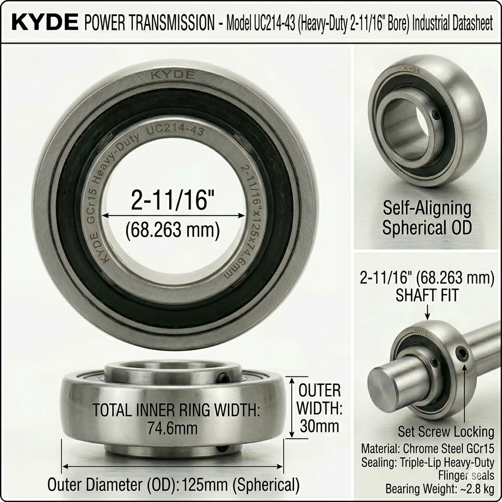 KYDE 1 Pcs UC214-43 Heavy-Duty Insert Bearing, 2-11/16" Imperial Bore (2-11/16" x 125 x 74.6mm), Spherical OD for Industrial Drives, Heavy Conveyors & Mining