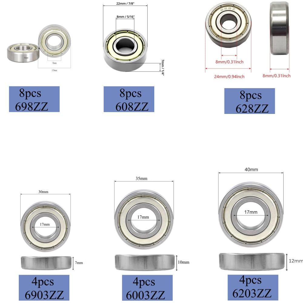 KYDE 36 PCS Ball Bearings Kit - 698ZZ 608ZZ 628ZZ 6903ZZ 6003ZZ 6203ZZ Double Metal Shielded Deep Groove Bearings, High Carbon Steel for Wheel Skateboards Motor 3D Printing - KYDE Bearing
