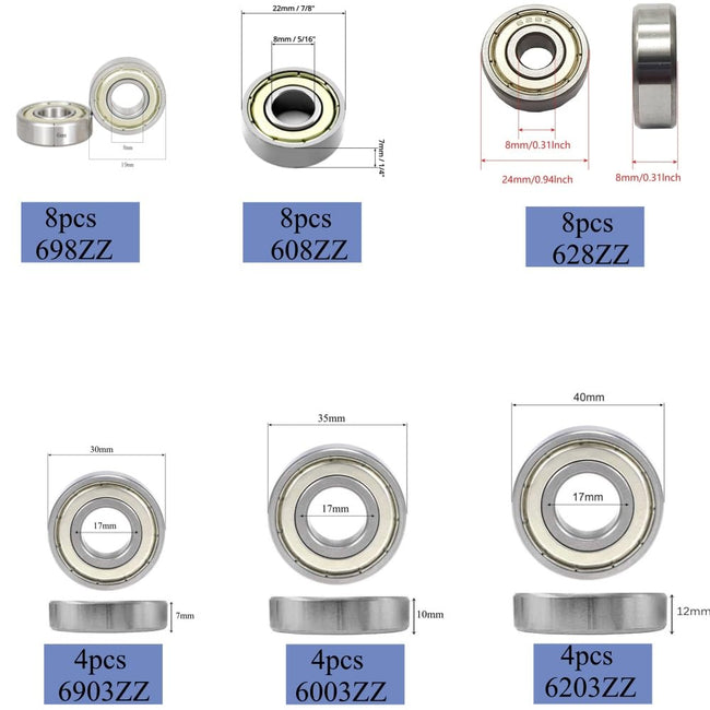 KYDE 36 PCS Ball Bearings Kit - 698ZZ 608ZZ 628ZZ 6903ZZ 6003ZZ 6203ZZ Double Metal Shielded Deep Groove Bearings, High Carbon Steel for Wheel Skateboards Motor 3D Printing Main Image