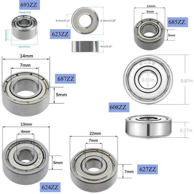 KYDE 70Pcs 7 Sizes Ball Bearings Assortment Kit - 693ZZ/623ZZ/624ZZ/685ZZ/687ZZ/627ZZ/608ZZ Chrome Steel Deep Groove Bearings Double Shielded Small Bearings for DIY Projects,RC Toys,3D Printers Main Image