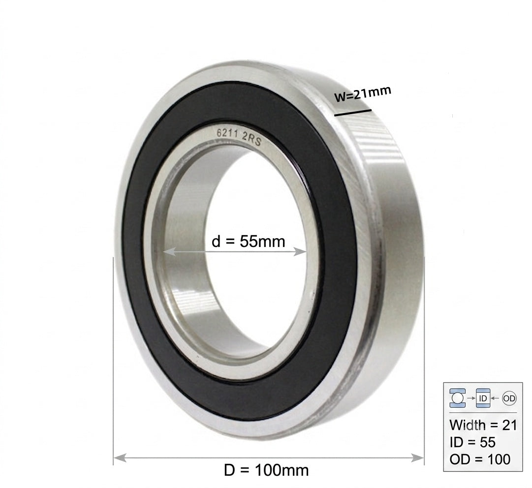 DEEG 2 PACK 6211-2RS Ball Bearing 55x100x21mm, Rubber Sealed - High-Performance Replacement for Electric Motors, Industrial Pumps & Heavy Machinery