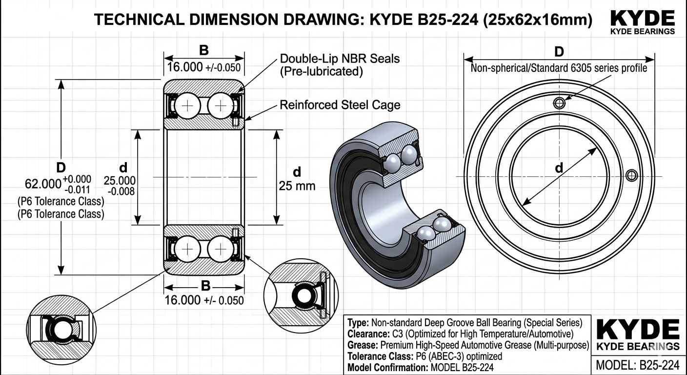 KYDE 1 PCS B25-224 Deep Groove Ball Bearing, 25x62x16mm, High-Precision Replacement for Automotive AC Compressors, Alternators & Specialized Motors