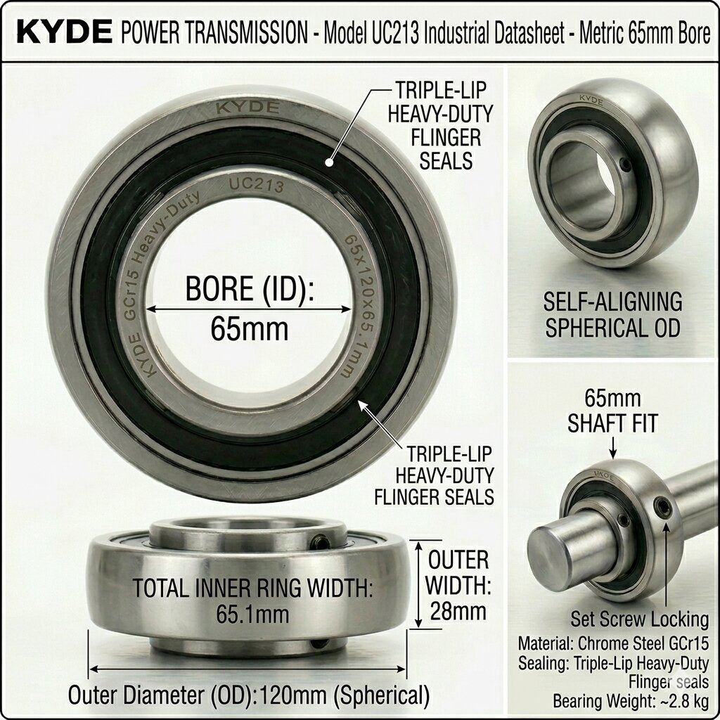 KYDE 1 Pcs UC213 Insert Bearing, 65mm Metric Bore (65x120x65.1mm), Spherical OD for Conveyor Systems, Mixing Equipment & Industrial Power Transmission