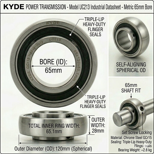KYDE 1 Pcs UC213 Insert Bearing, 65mm Metric Bore (65x120x65.1mm), Spherical OD for Conveyor Systems, Mixing Equipment & Industrial Power Transmission Main Image