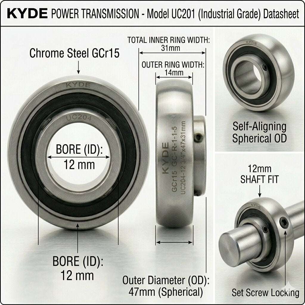 KYDE 2 PCS UC201 Insert Bearing, 12mm Bore (12x47x31mm), Spherical OD for Small Conveyors, Packaging machinery & Farm Equipment