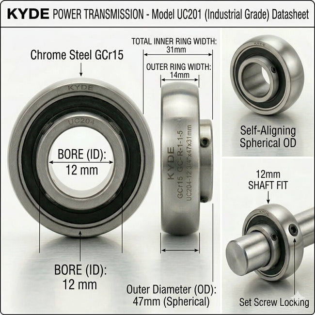 KYDE 2 PCS UC201 Insert Bearing, 12mm Bore (12x47x31mm), Spherical OD for Small Conveyors, Packaging machinery & Farm Equipment Main Image