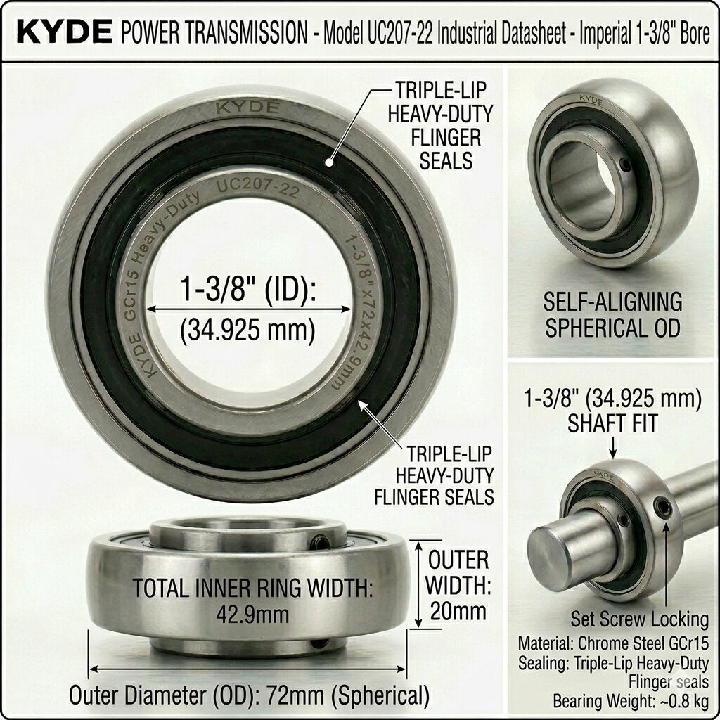 KYDE 1 PCS UC207-22 Insert Bearing, 1-3/8" Imperial Bore (1-3/8" x 72 x 42.9mm), Spherical OD for Agricultural Machinery, Woodworking & Conveyor Systems