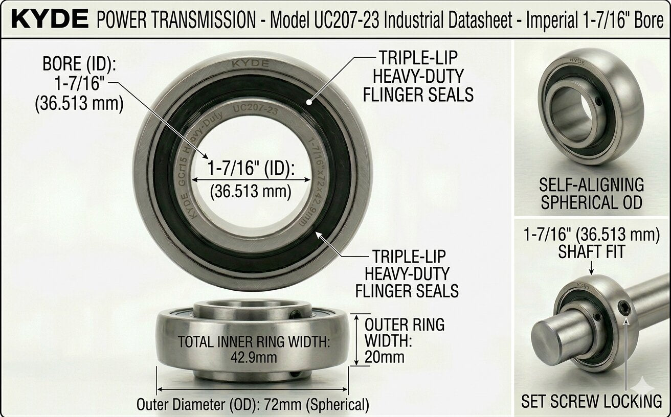 KYDE 1 PCS UC207-23 Insert Bearing, 1-7/16" Imperial Bore (1-7/16" x 72 x 42.9mm), Spherical OD for Heavy-Duty Conveyors, Agricultural Machinery & Industrial Fans