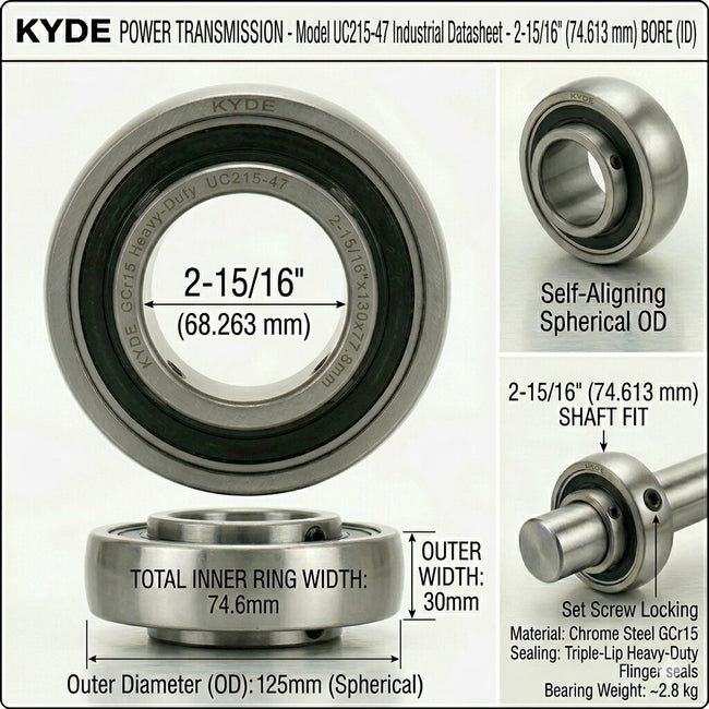 KYDE 1 PCS UC215-47 Heavy-Duty Insert Bearing, 2-15/16" Imperial Bore (2-15/16" x 130 x 77.8mm), Spherical OD for Mining, Heavy Conveyors & Industrial Drives Main Image