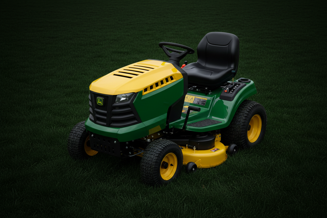 A ride-on lawnmower against a backdrop of dark grass.