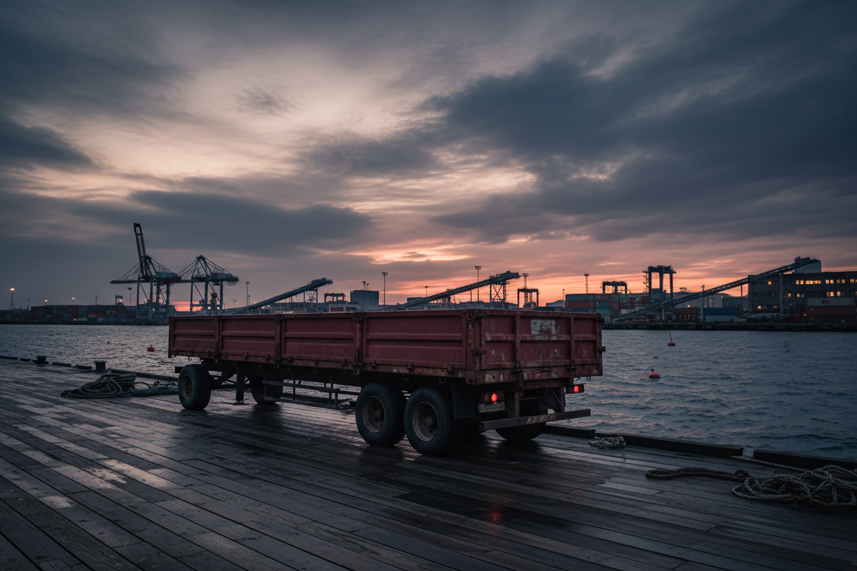 A trailer at the dock, against a light-dark background.