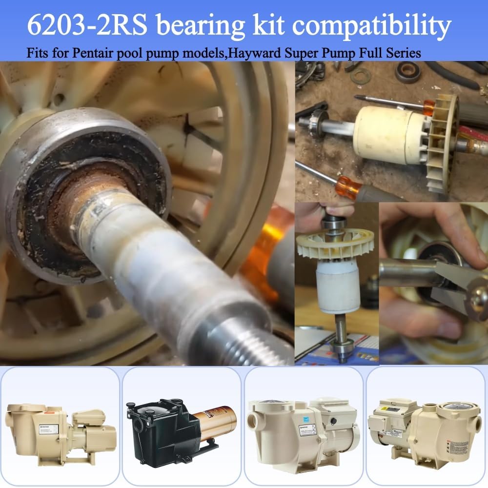 KYDE 2 Pieces 6203 - 2RS ABEC5 Home Pool Pump Bearing Kit，Belt C Clamping rings and nylon bushings - Replaceable Pentair WhisperFlo、IntelliFlo and Hayward Super Water pump motor - KYDE Bearing