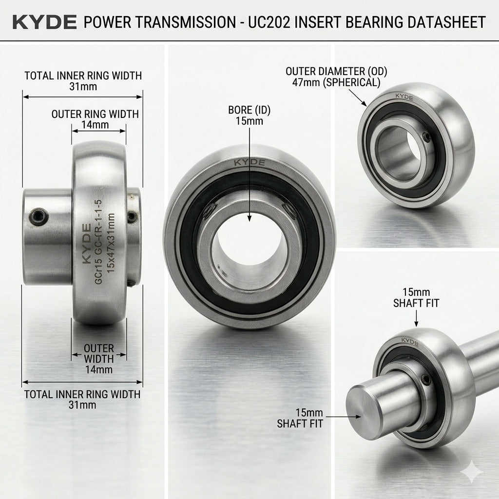 KYDE 2 PCS UC202 15x47x31mm Insert Ball Bearing, Set Screw Lock, GCr15 Chrome Steel for Conveyors & HVAC Units
