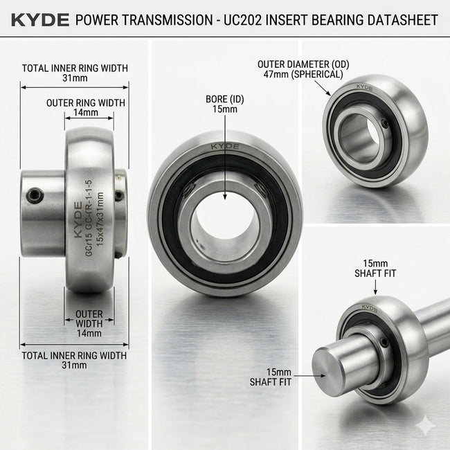 KYDE 2 PCS UC202 15x47x31mm Insert Ball Bearing, Set Screw Lock, GCr15 Chrome Steel for Conveyors & HVAC Units Main Image