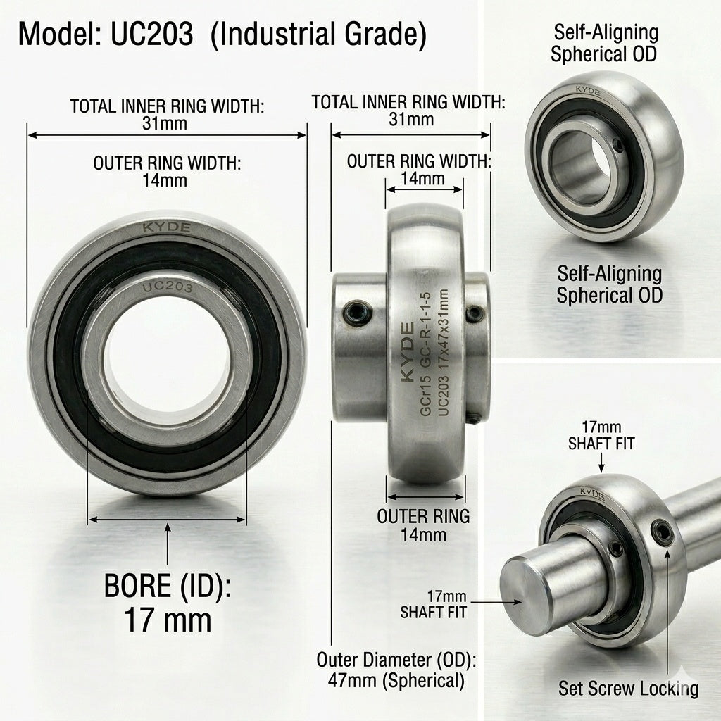 KYDE 2 PCS UC203 Ball Bearing 17mm ID - 17x47x31mm Self-Aligning Bearing for Conveyors, Agriculture & Food Processing