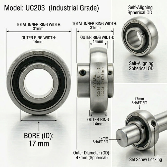 KYDE 2 PCS UC203 Ball Bearing 17mm ID - 17x47x31mm Self-Aligning Bearing for Conveyors, Agriculture & Food Processing Main Image