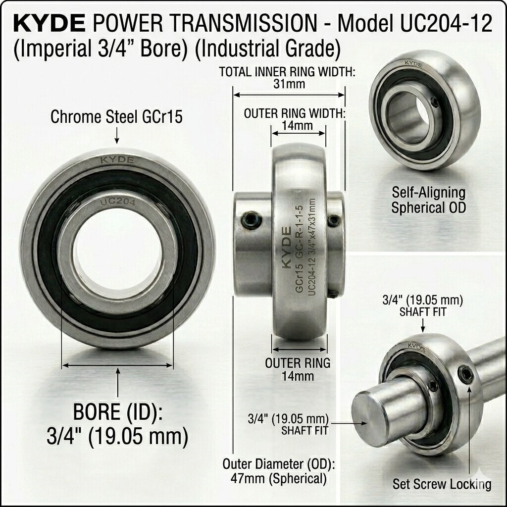 KYDE 2 PCS UC204-12 Insert Bearing, 3/4" Bore (3/4" x 47 x 31mm), Spherical OD for American Standard Farm Equipment & Conveyors